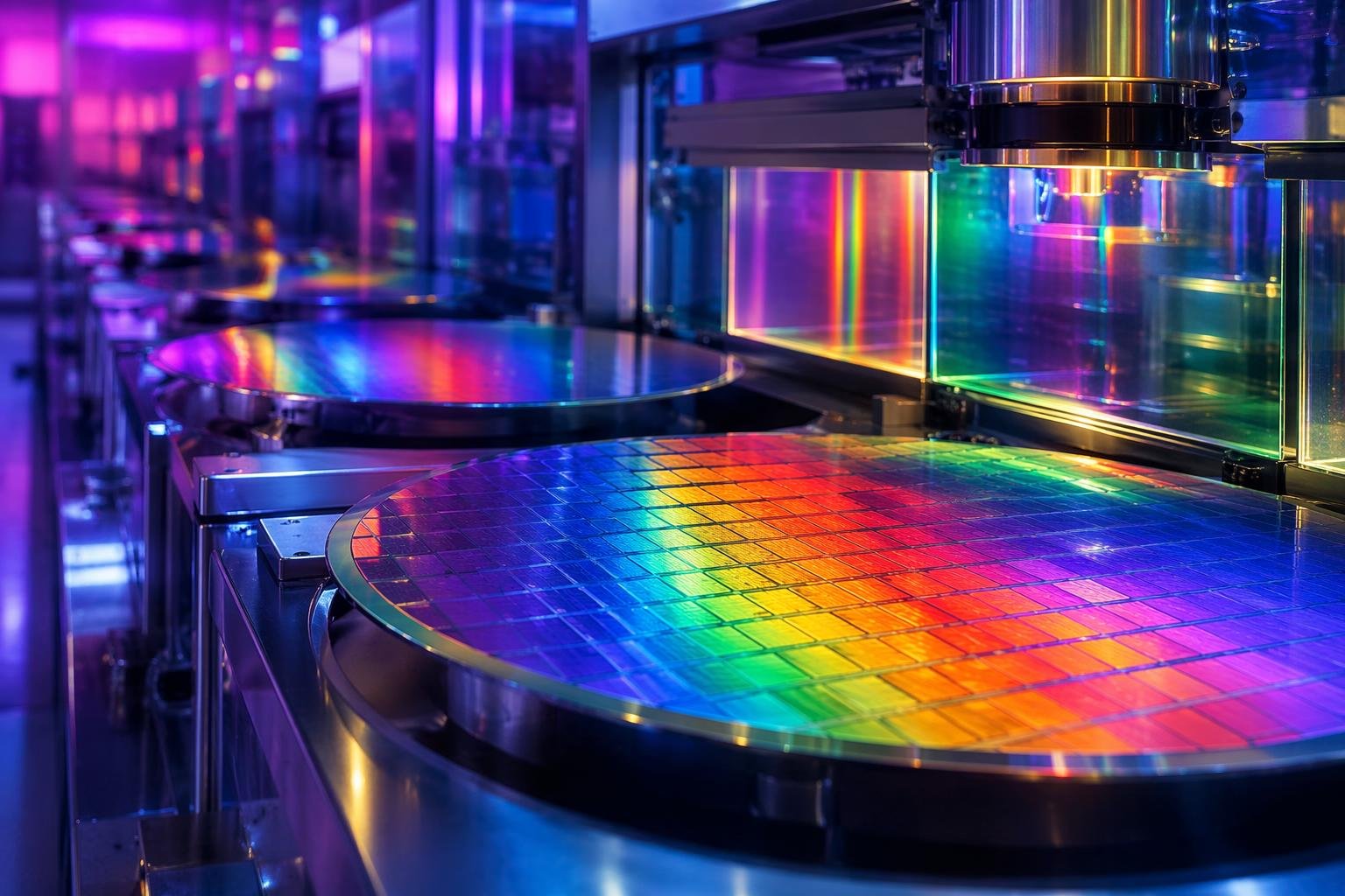 Semiconductor fab with rainbow-lit wafers
