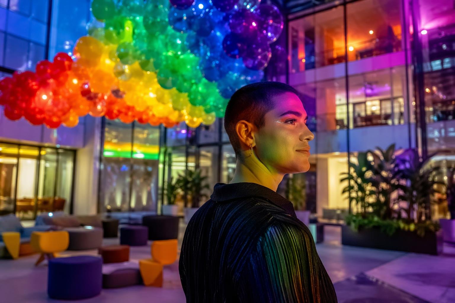 Person in a community space with rainbow balloons