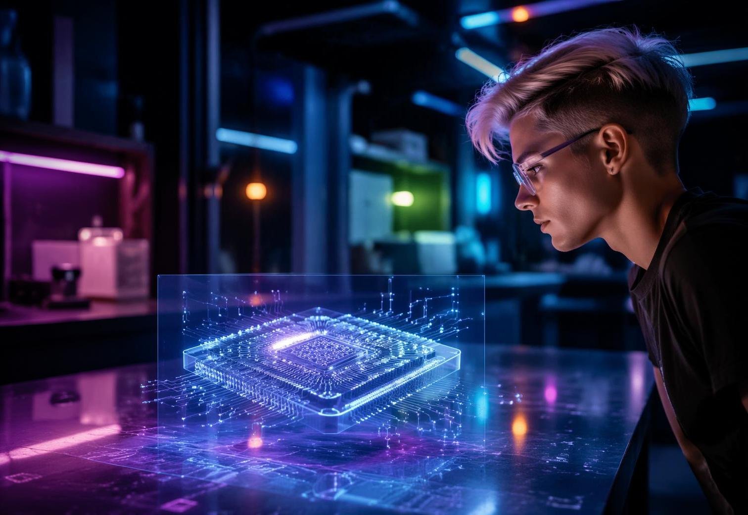 Person studying a holographic chip