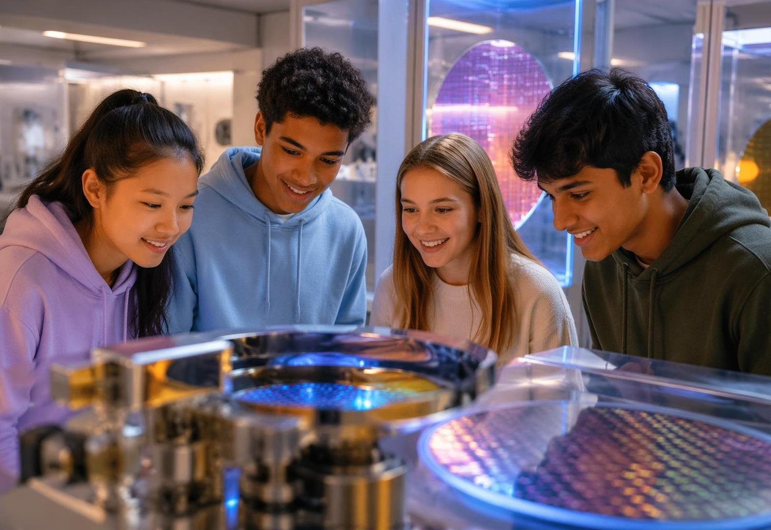Students examining a silicon wafer